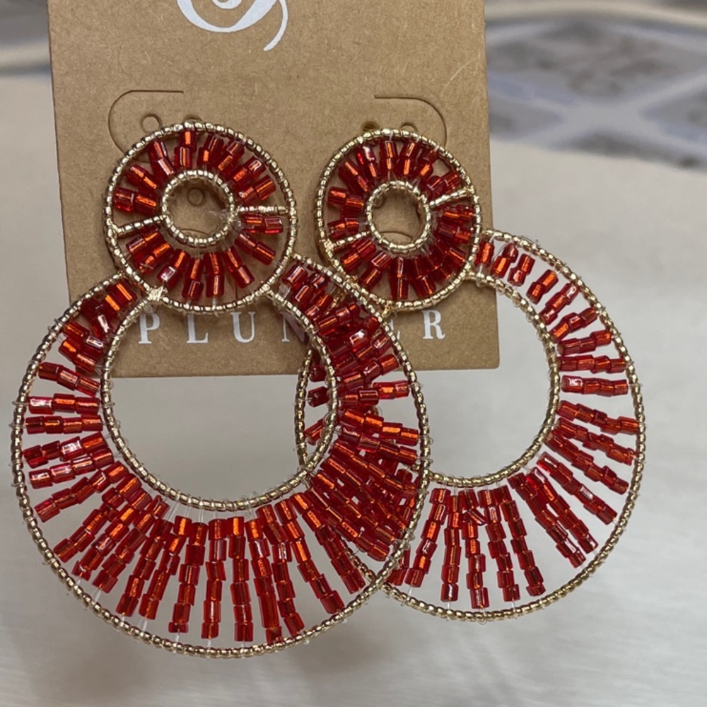 Plunder Design Harmony Gold-Trim Red Beaded Hoop Drop Dangle Earrings